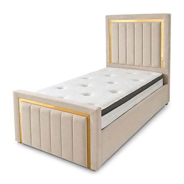 Luxury Gold Detailing Bed | Narrow Channel Panel | Beige | Choose Sizes, Colours & Fabrics