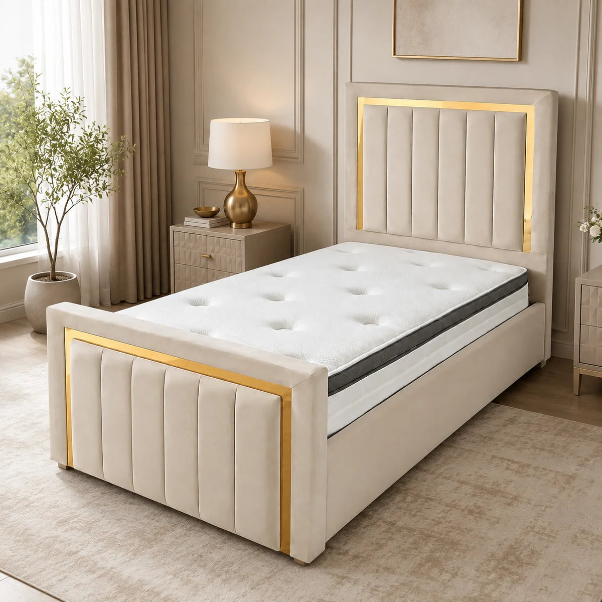 Luxury Gold Detailing Bed | Narrow Channel Panel | Beige | Choose Sizes, Colours & Fabrics