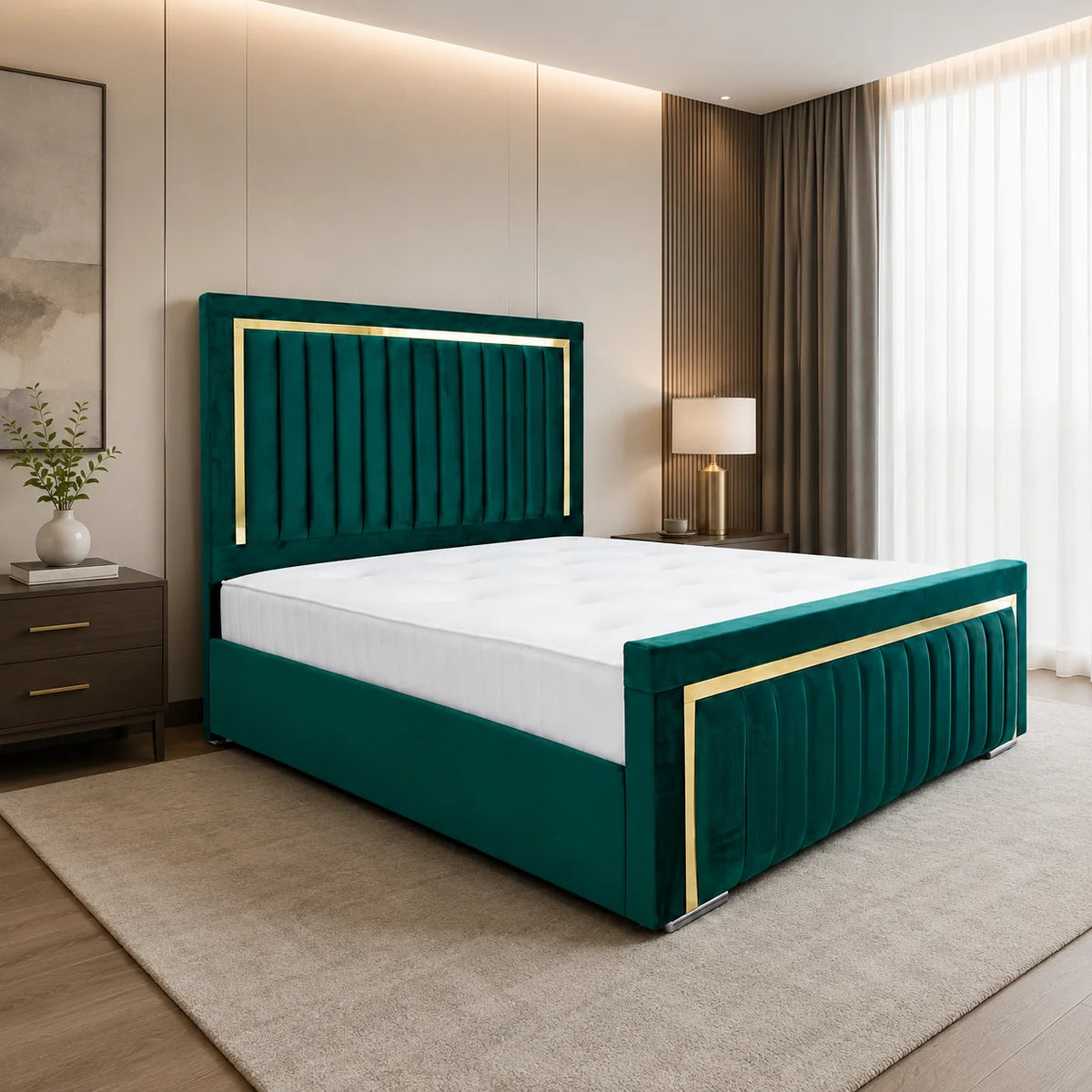 Luxury Gold Detailing Bed | Square Headboard | Green | Choose Sizes, Colours & Fabrics