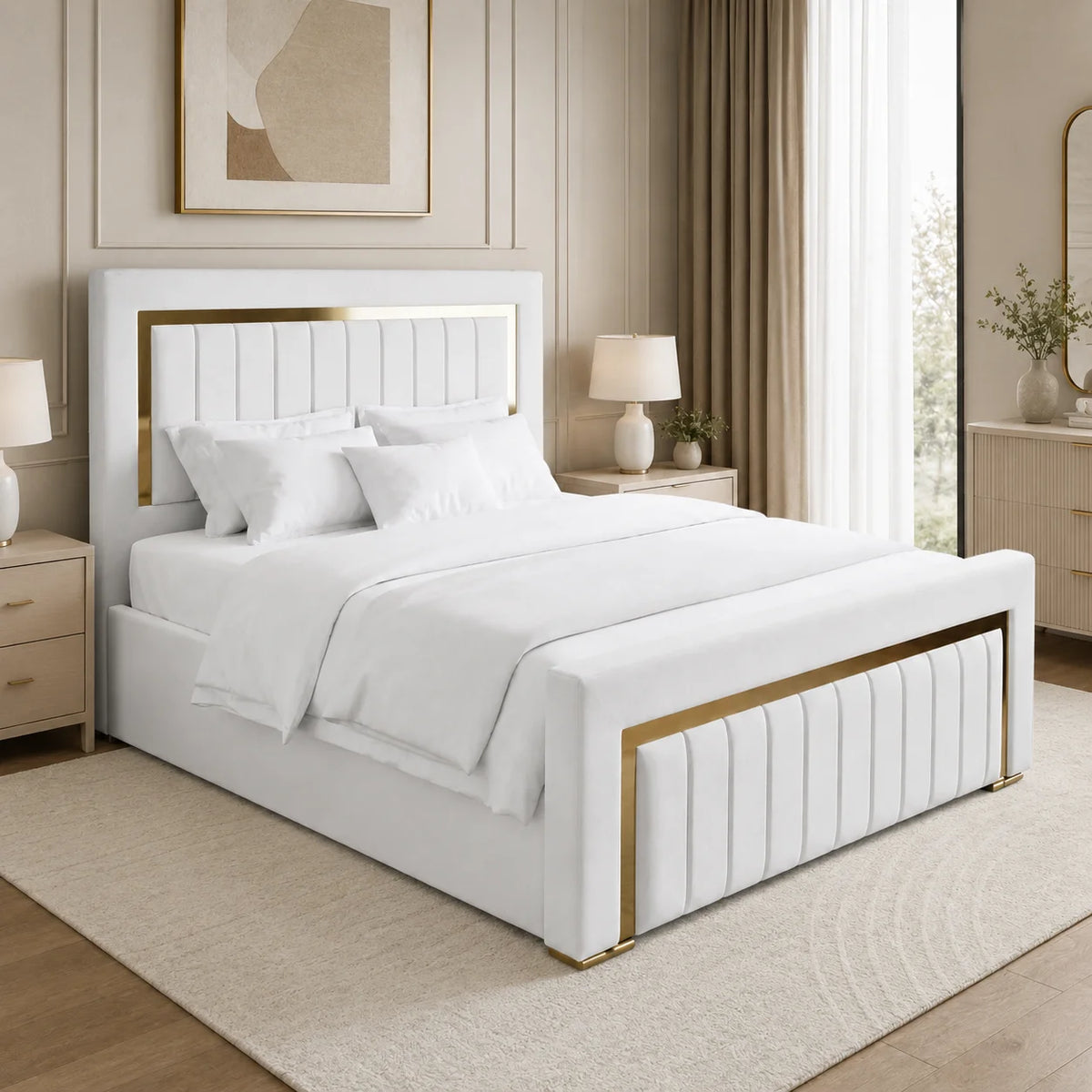 Luxury Gold Detailing Bed | Channel Panel | White | Choose Sizes, Colours & Fabrics