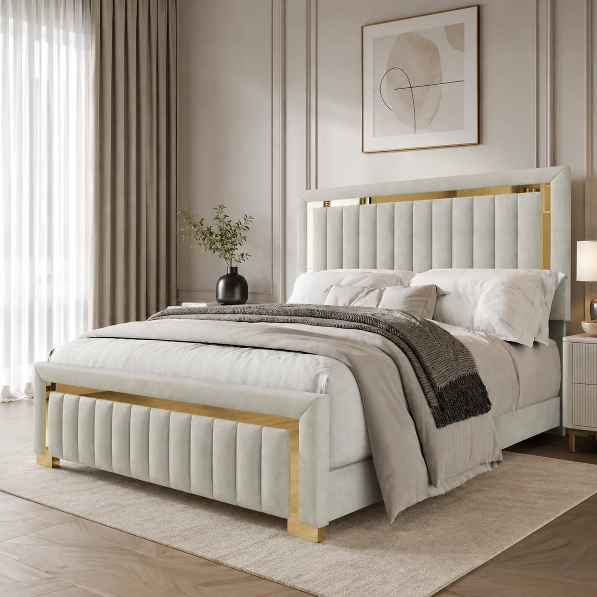 Luxury Gold Detailing Bed | Gold Leg Frame | Cream | Choose Sizes, Colours & Fabrics