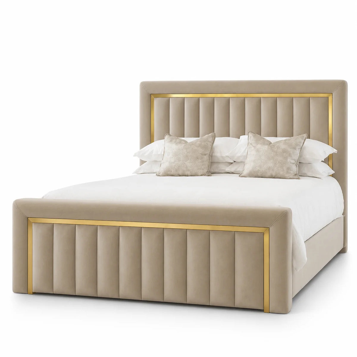 Luxury Gold Detailing Bed | Channel Panel | Beige | Choose Sizes, Colours & Fabrics