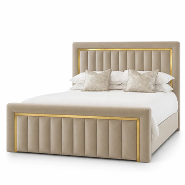 Luxury Gold Detailing Bed | Channel Panel | Beige | Choose Sizes, Colours & Fabrics