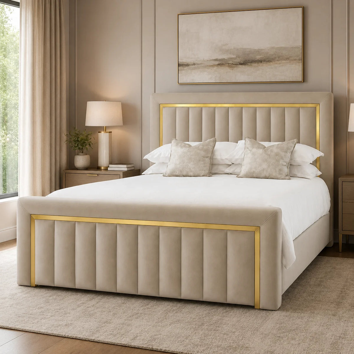 Luxury Gold Detailing Bed | Channel Panel | Beige | Choose Sizes, Colours & Fabrics