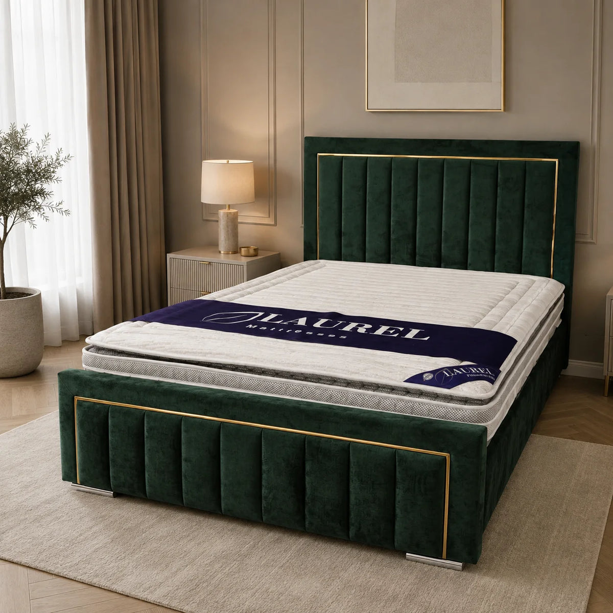 Luxury Gold Detailing Bed | Channel Panel | Teal | Choose Sizes, Colours & Fabrics
