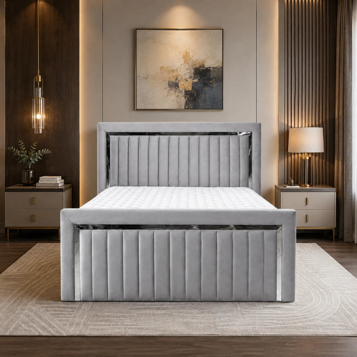 Luxury Silver Detailing Bed | Square Headboard | Grey | Choose Sizes, Colours & Fabrics