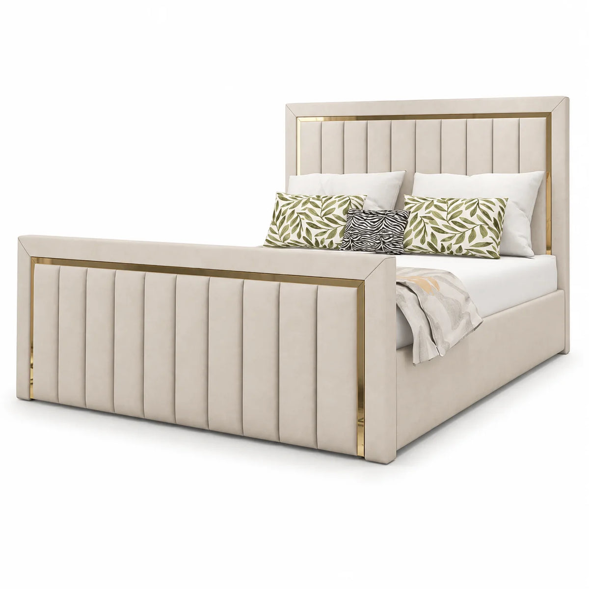 Luxury Gold Detailing Bed | Square Headboard | Mink | Choose Sizes, Colours & Fabrics