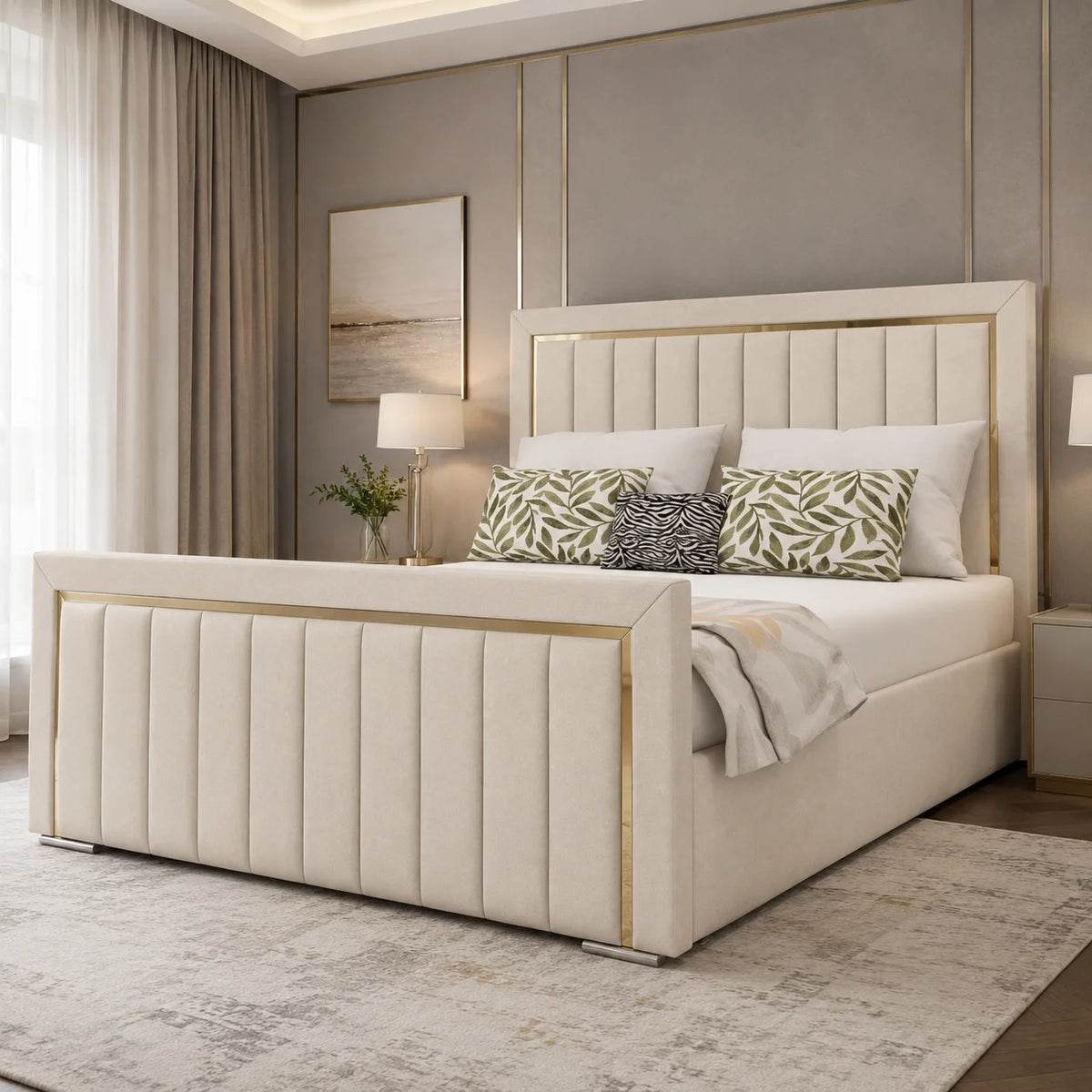 Luxury Gold Detailing Bed | Square Headboard | Mink | Choose Sizes, Colours & Fabrics
