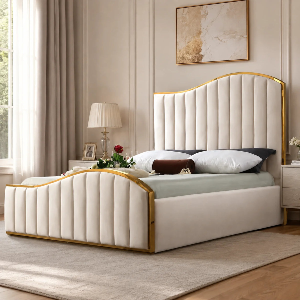 Luxury Gold Detailing Bed | Curved Arch Headboard | Cream | Choose Sizes, Colours & Fabrics