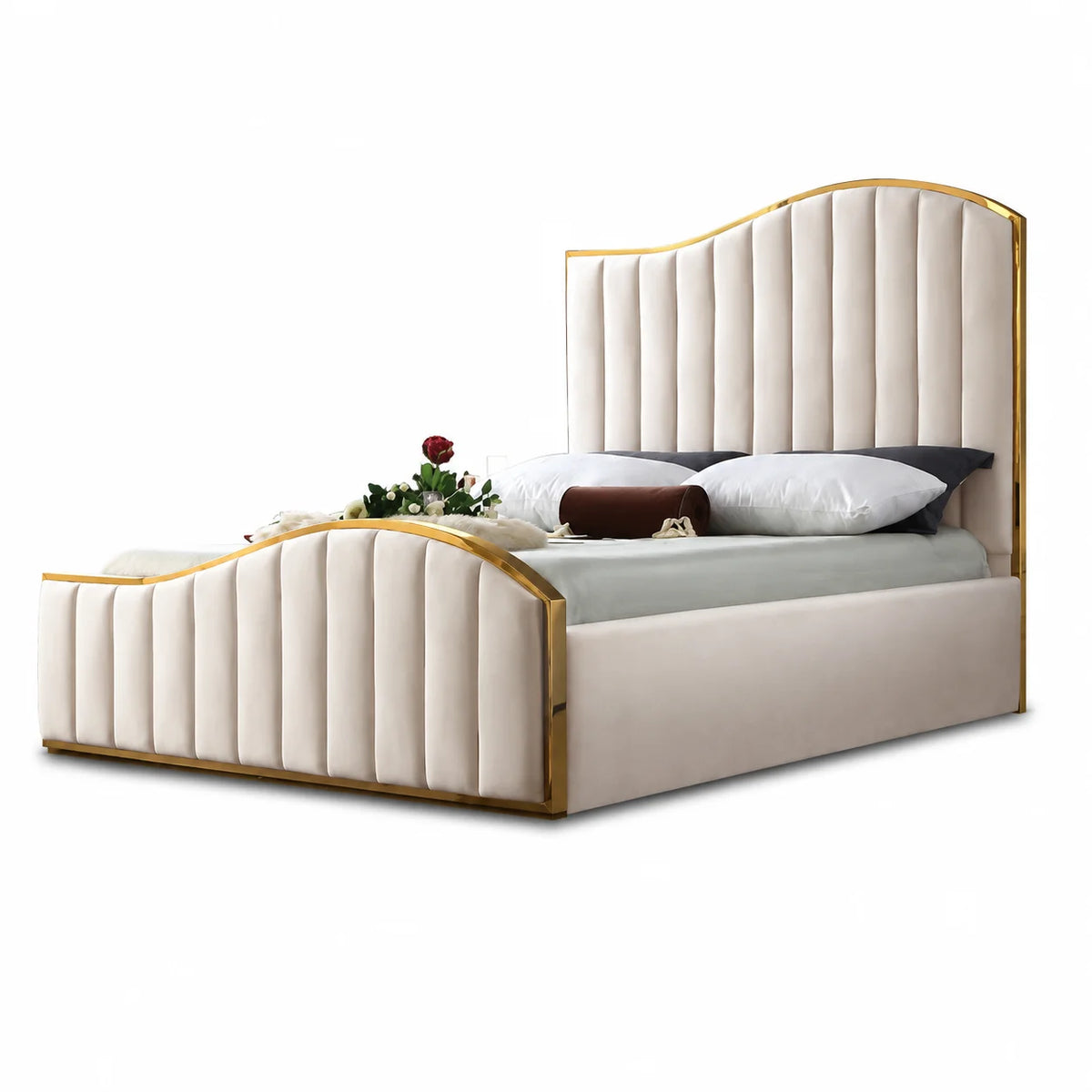 Luxury Gold Detailing Bed | Curved Arch Headboard | Cream | Choose Sizes, Colours & Fabrics