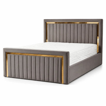 Luxury Gold Detailing Bed | Square Headboard | Grey | Choose Sizes, Colours & Fabrics
