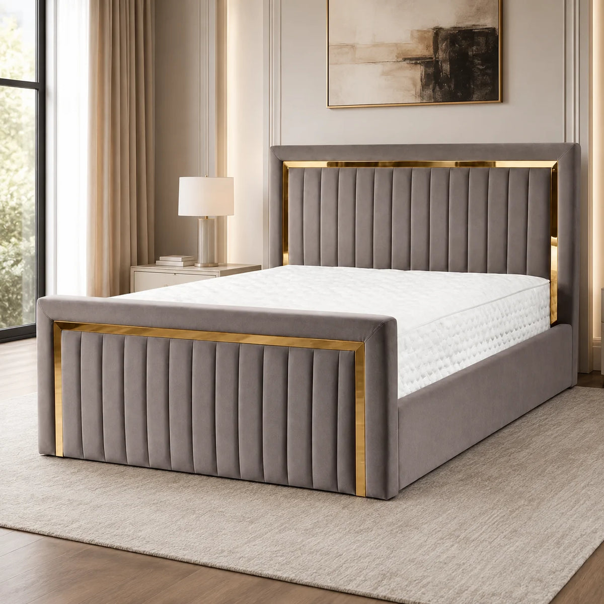 Luxury Gold Detailing Bed | Square Headboard | Grey | Choose Sizes, Colours & Fabrics