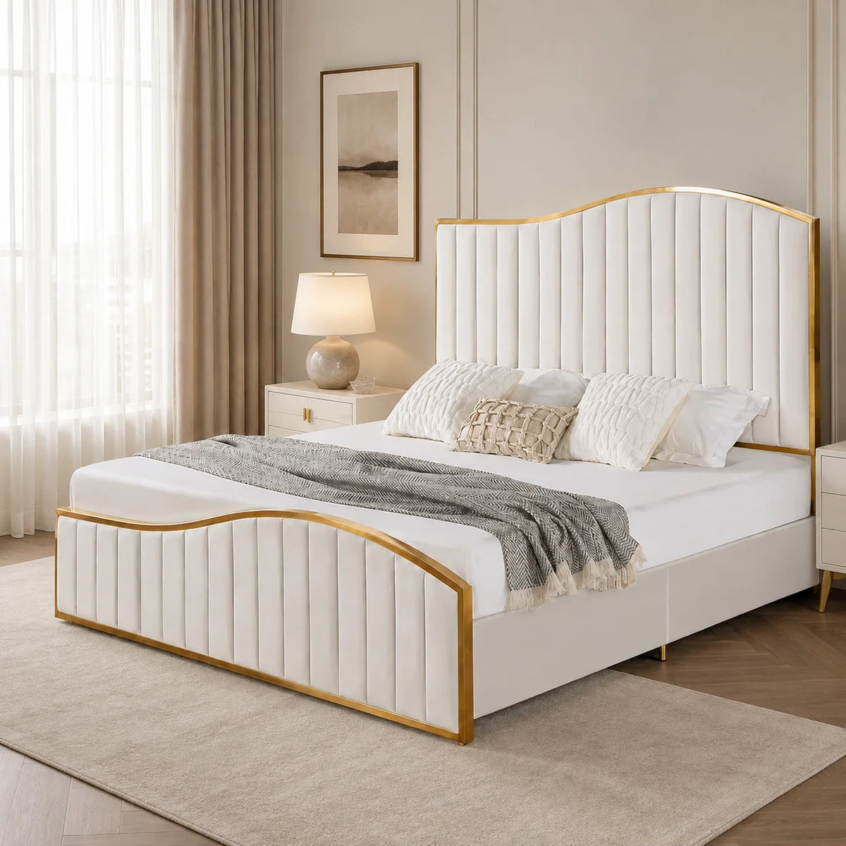 Luxury Gold Detailing Bed | Square Headboard | Cream | Choose Sizes, Colours & Fabrics
