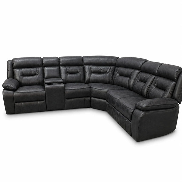 Black leather sectional sofa with a curved L-shape design, featuring tufted cushions, a center console, and a right-side reclining chaise lounge, shown against a plain white background.