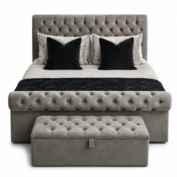 Luxury Frame Bed | Sleigh Chesterfield | Grey | Choose Size, Fabric & Colour