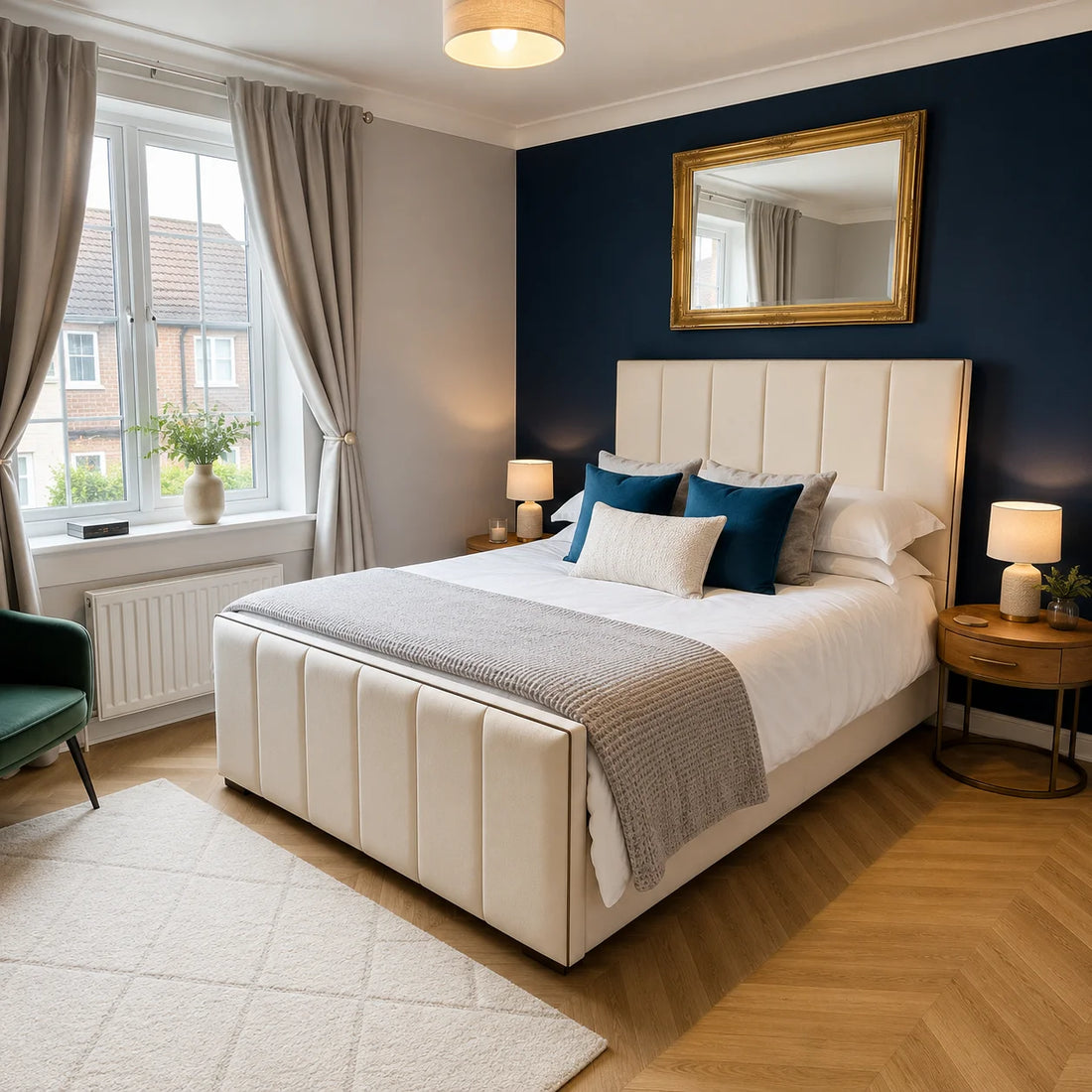 A modern platform bed with a tall, vertically channel-tufted upholstered headboard and matching footboard in a warm cream or beige fabric. The bed is styled with white bedding, a textured gray knit throw blanket, and several accent pillows in teal and light beige, set against a plain white studio background.