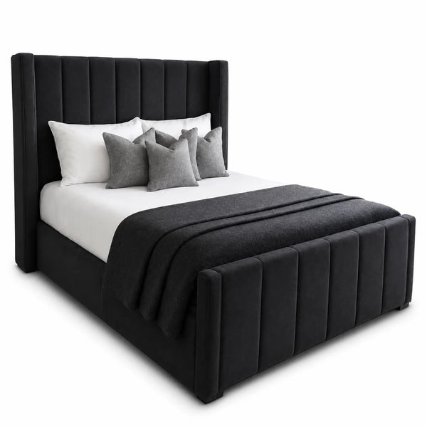 Luxury Frame Bed | Wing Panel Line | Black | Choose Size, Fabric & Colour