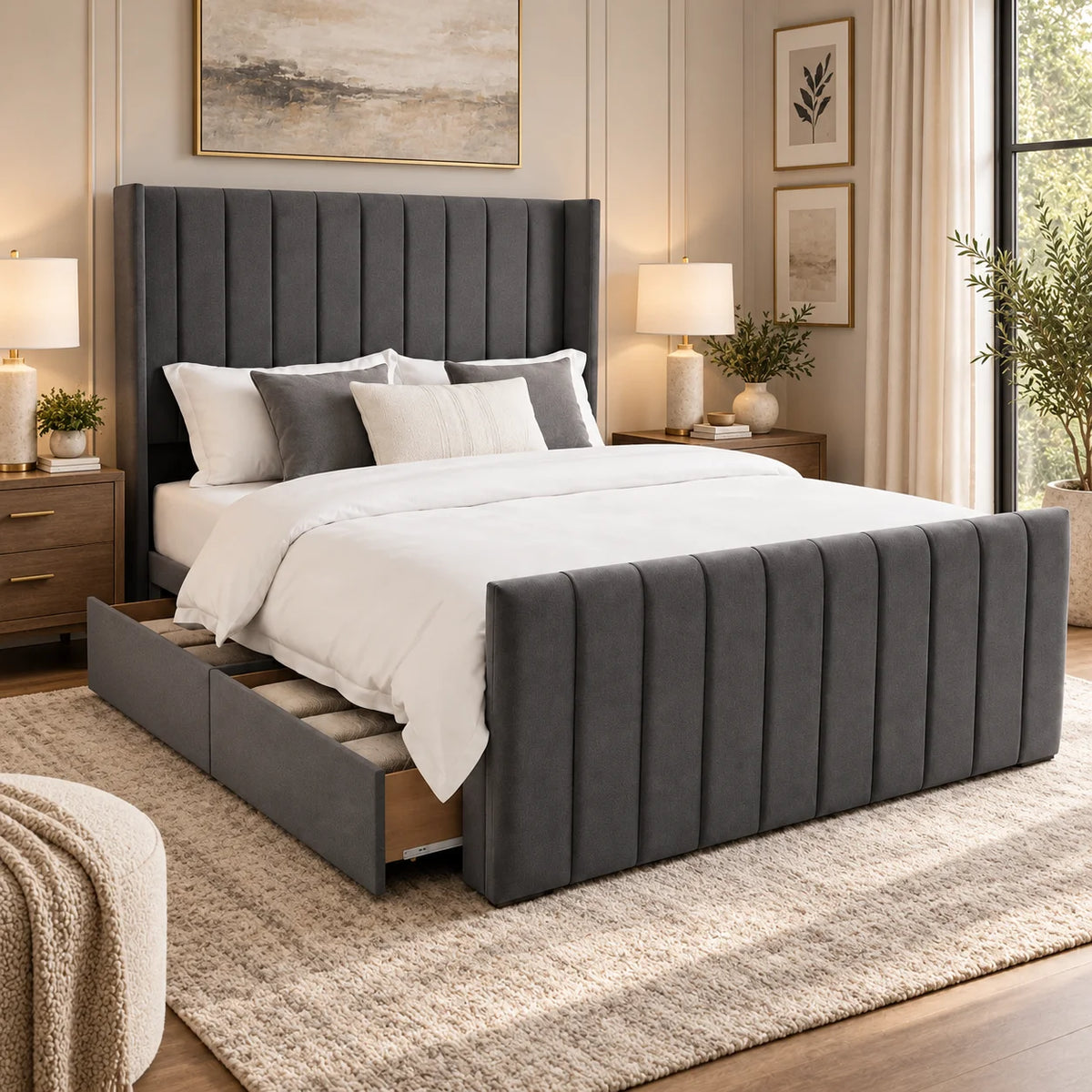 Luxury Divan Bed | Channel Stripe Winged | Charcoal | Choose Sizes, Colours & Fabrics