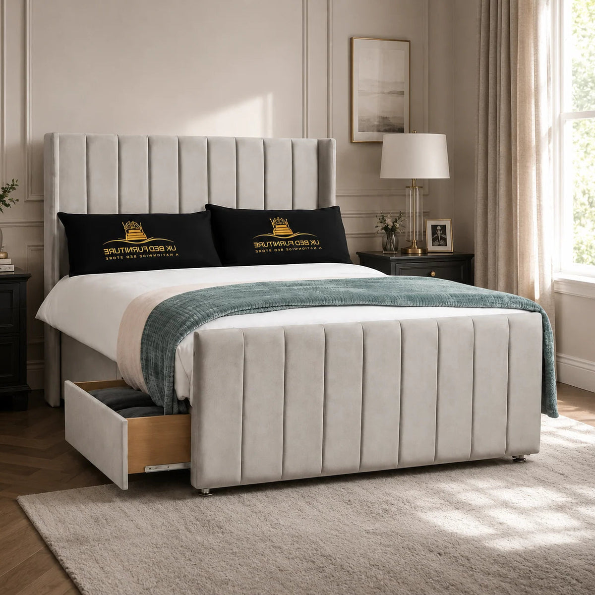 Luxury Divan Bed | Panel Line Winged | Silver | Choose Sizes, Colours & Fabrics