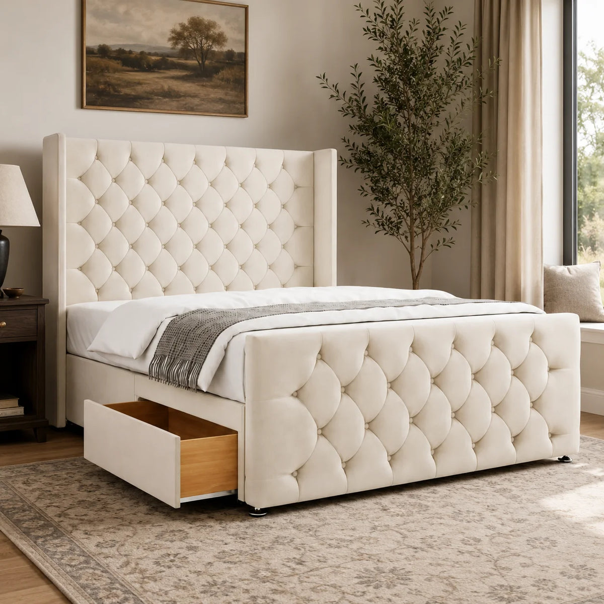 Luxury Divan Bed | Chesterfield Winged | Beige | Choose Sizes, Colours & Fabrics