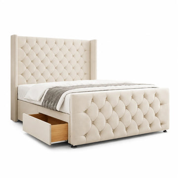 Luxury Divan Bed | Chesterfield Winged | Beige | Choose Sizes, Colours & Fabrics