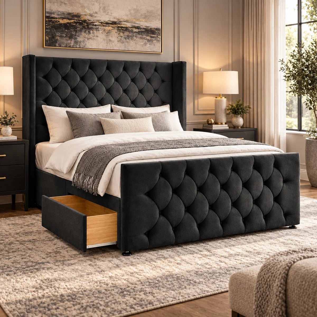 Luxury Divan Bed | Chesterfield Winged | Black | Choose Sizes, Colours & Fabrics