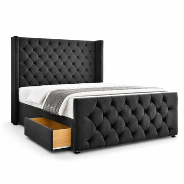 Luxury Divan Bed | Chesterfield Winged | Black | Choose Sizes, Colours & Fabrics