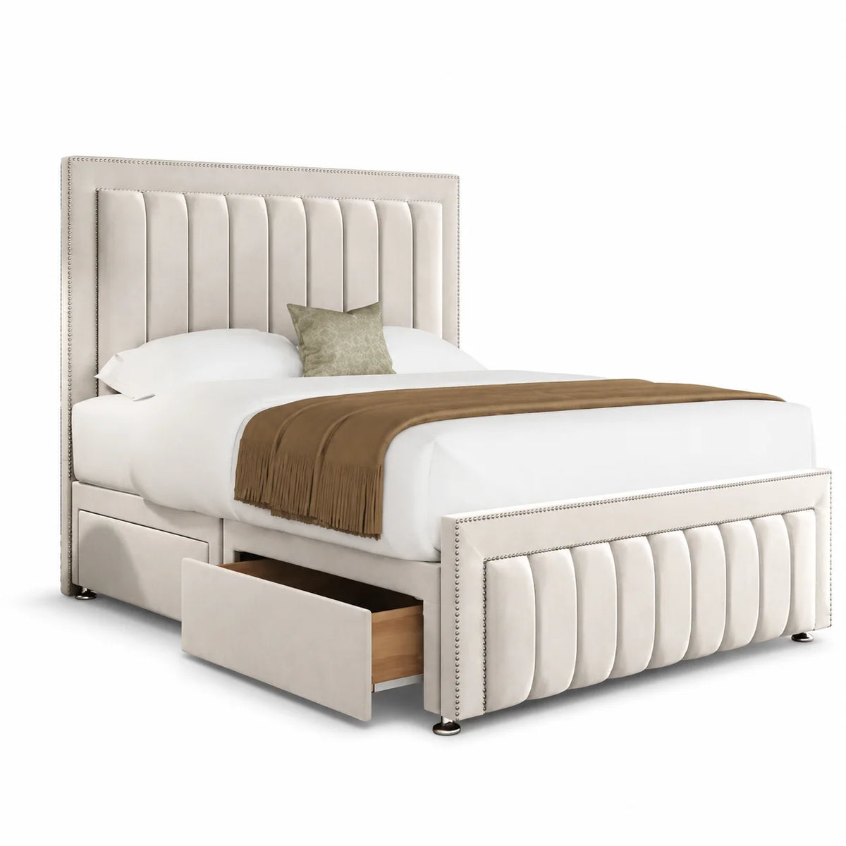 Luxury Divan Bed | Panel Line Studded | Cream | Choose Sizes, Colours & Fabrics