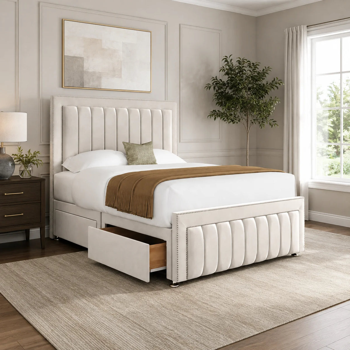 Luxury Divan Bed | Panel Line Studded | Cream | Choose Sizes, Colours & Fabrics