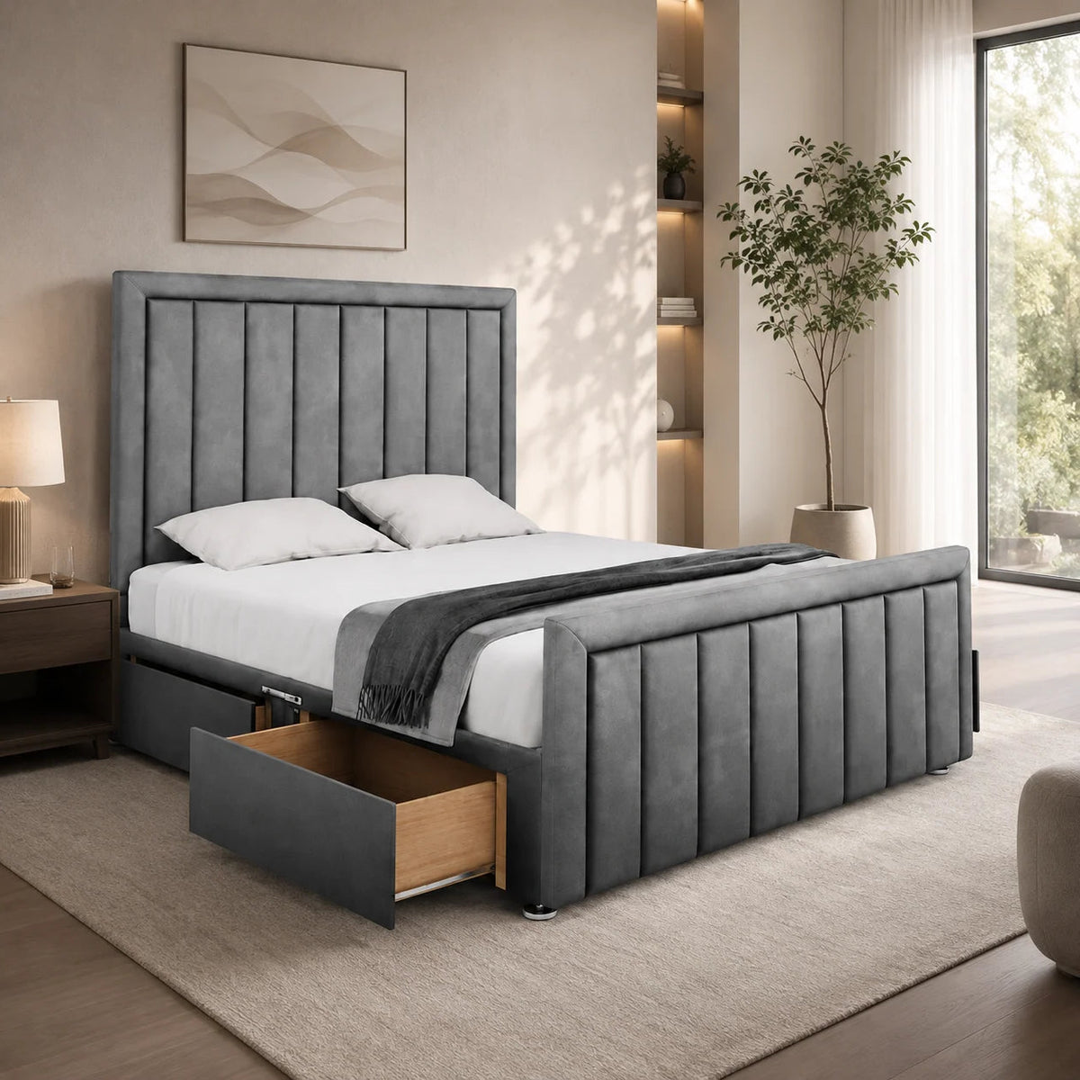 Luxury Divan Bed | Channel Stripe | Grey | Choose Sizes, Colours & Fabrics