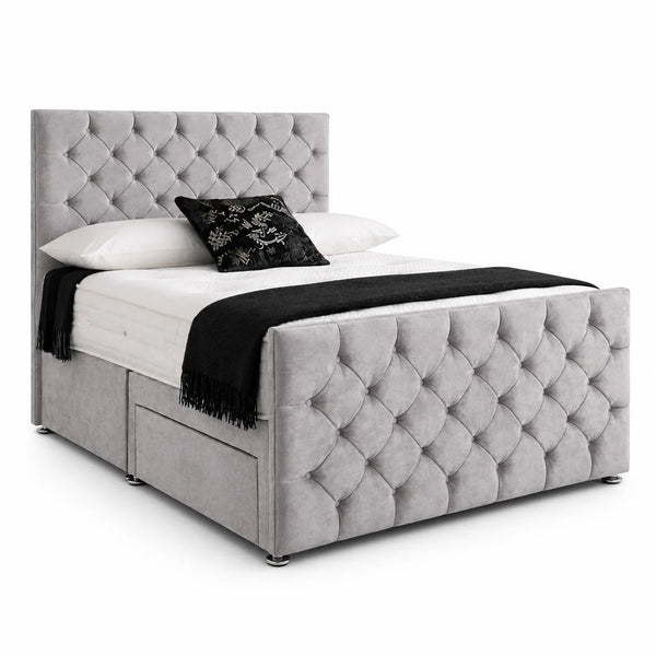 Luxury Divan Bed | Chesterfield | Silver | Choose Size, Colour & Fabric