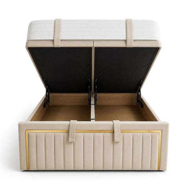 Divan Ottoman Bed | Gold Trim | Panel Line | Gaslift Storage | Cream | Choose Sizes, Colours & Fabrics