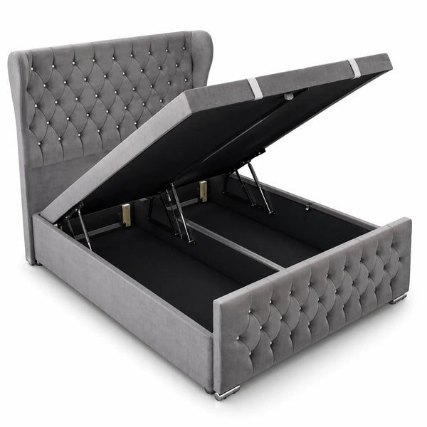 Divan Ottoman Bed | Chesterfield | Diamond Stud | Headboard & Footboard | Gaslift Storage | Grey | Choose Sizes, Colours & Fabrics