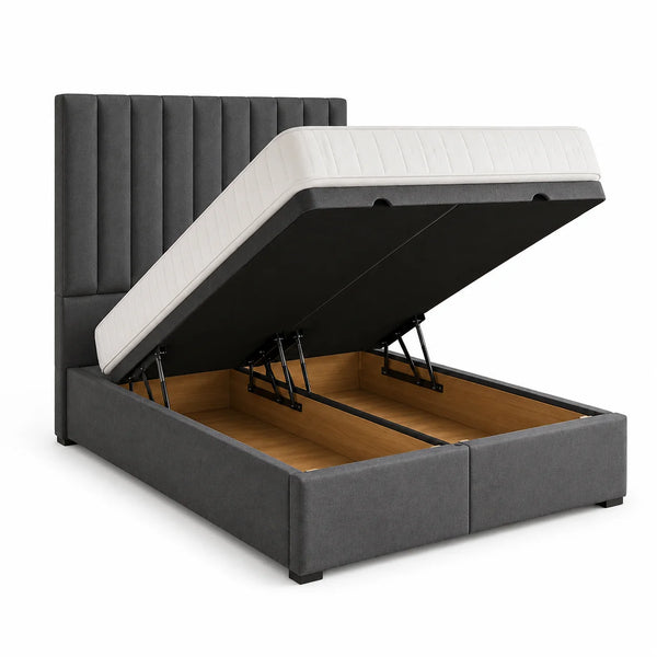 Divan Ottoman Bed | Panel Line | Gaslift Storage | Charcoal | Choose Sizes, Colours & Fabrics