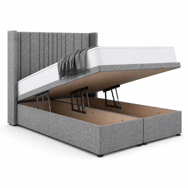 Divan Ottoman Bed | Wing Panel Line | Gaslift Storage | Silver | Choose Sizes, Colours & Fabrics