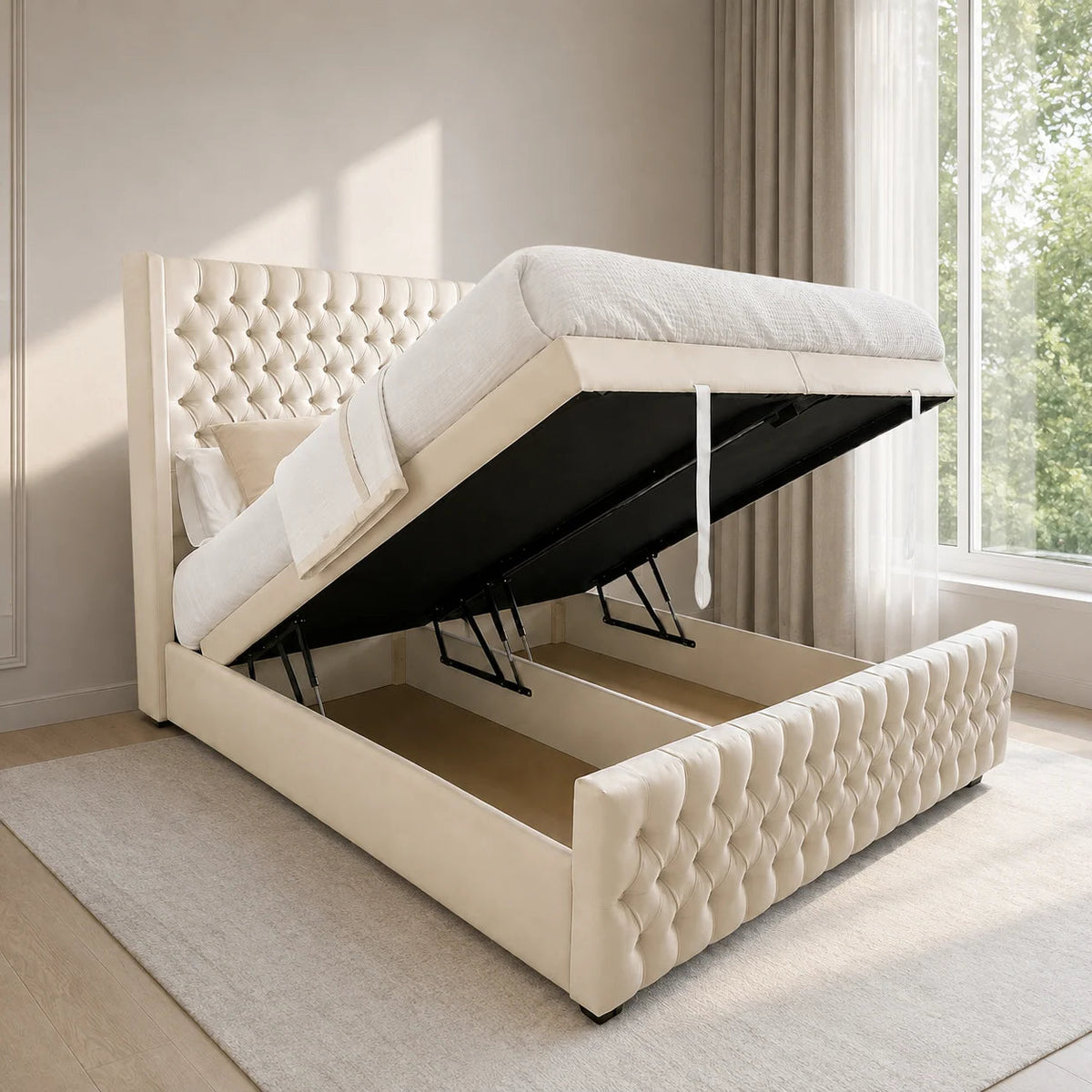 Divan Ottoman Bed | Chesterfield | Winged | Headboard & Footboard | Gaslift Storage | Cream | Choose Sizes, Colours & Fabrics