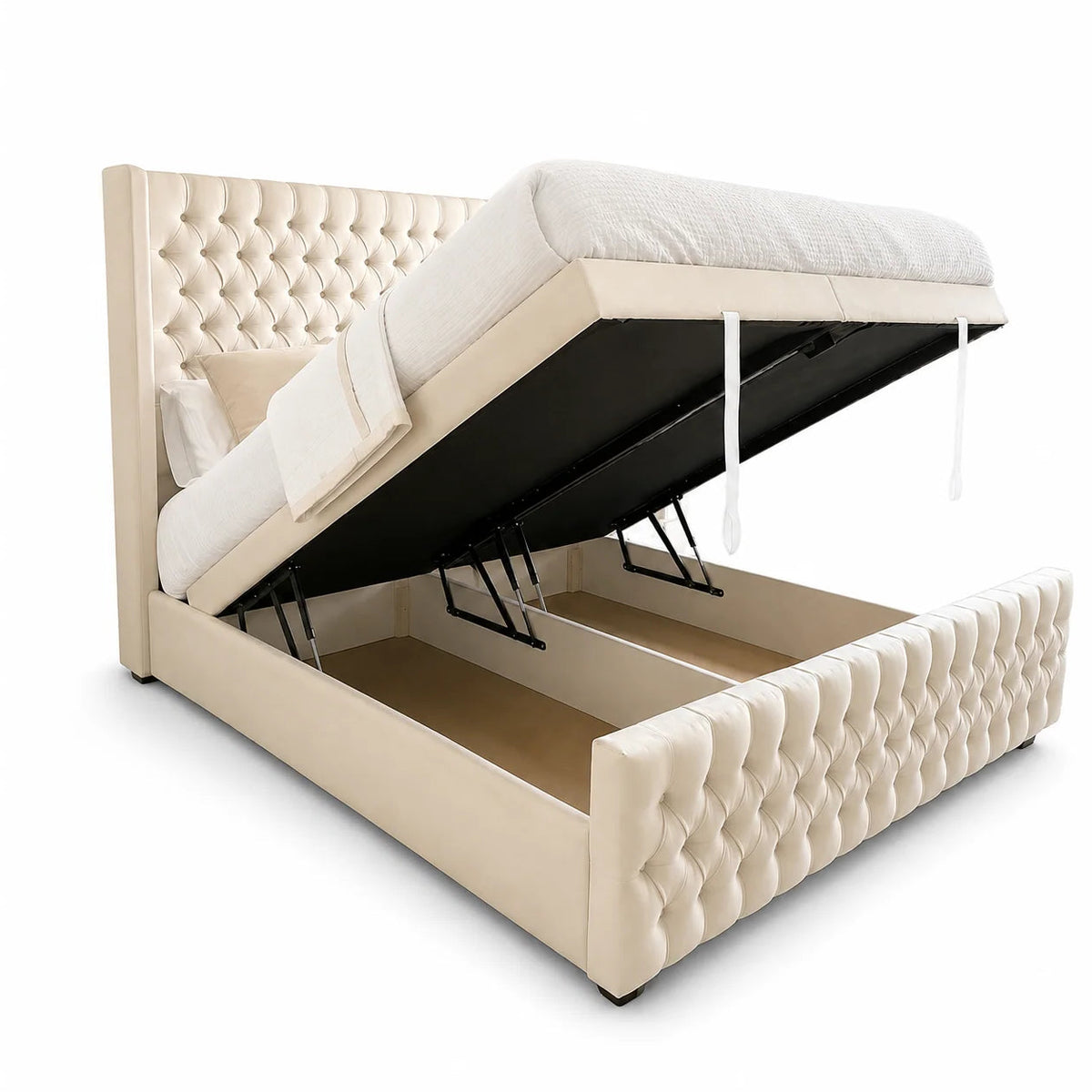 A beige upholstered storage bed with a tufted headboard and footboard, shown with the mattress lifted open to reveal the storage compartment underneath. The bed is photographed on a clean white background.