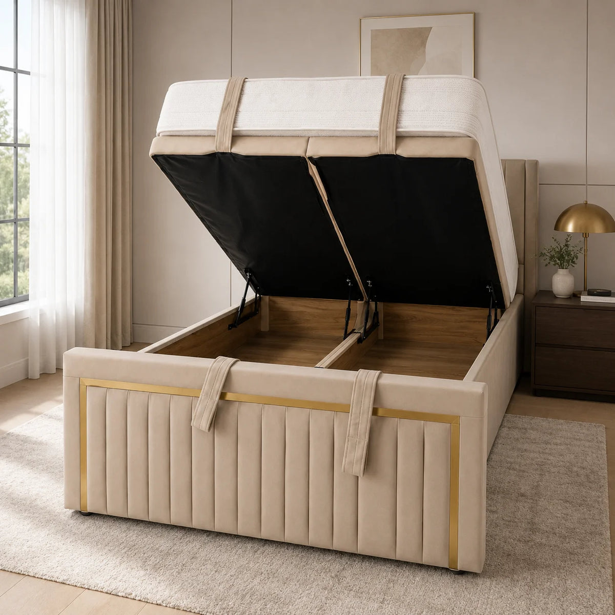 Divan Ottoman Bed | Gold Trim | Panel Line | Headboard & Footboard | Gaslift Storage | Beige | Choose Sizes, Colours & Fabrics