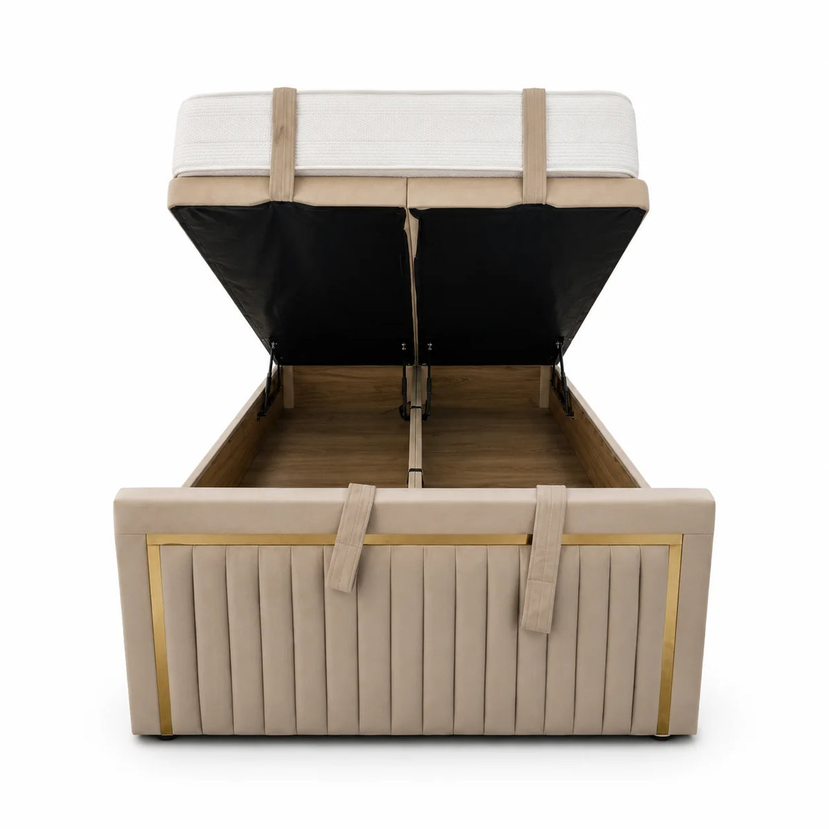 Divan Ottoman Bed | Gold Trim | Panel Line | Headboard & Footboard | Gaslift Storage | Beige | Choose Sizes, Colours & Fabrics