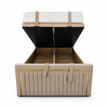 Divan Ottoman Bed | Gold Trim | Panel Line | Headboard & Footboard | Gaslift Storage | Beige | Choose Sizes, Colours & Fabrics