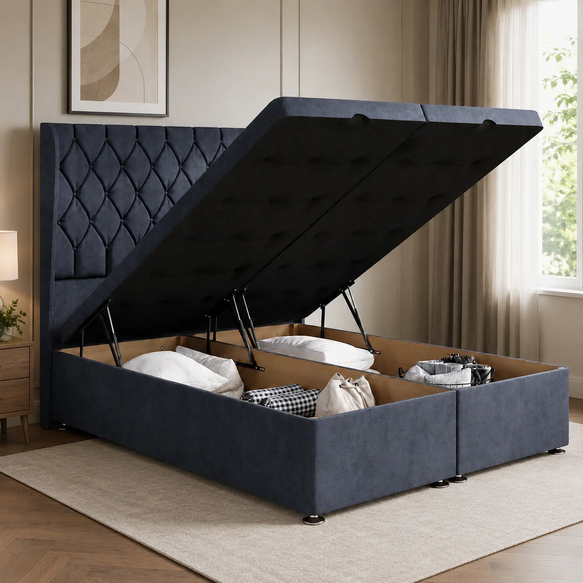 Divan Ottoman Bed | Chesterfield | Gaslift Storage | Slate | Choose Sizes, Colours & Fabrics