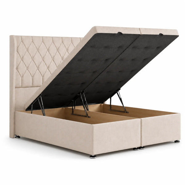 Divan Ottoman Bed | Chesterfield | Winged | Gaslift Storage | Cream | Choose Sizes, Colours & Fabrics