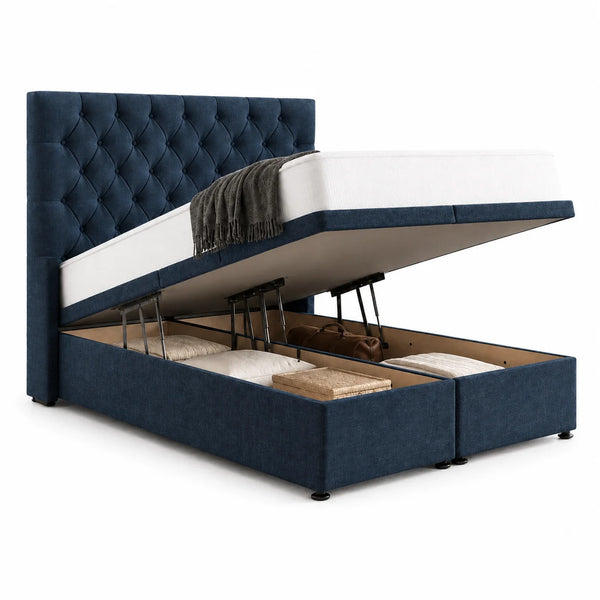 Divan Ottoman Bed | Chesterfield | Winged | Gaslift Storage | Navy | Choose Sizes, Colours & Fabrics