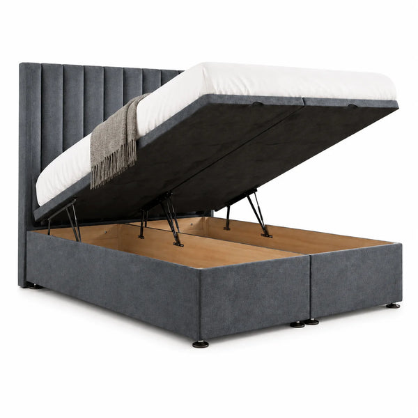 Divan Ottoman Bed | Panel Line | Gaslift Storage | Grey | Choose Sizes, Colours & Fabrics
