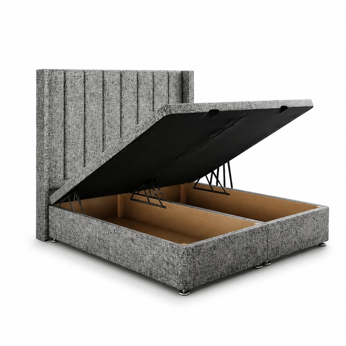 Divan Ottoman Bed | Wing Panel Line | Gaslift Storage | Charcoal | Choose Sizes, Colours & Fabrics