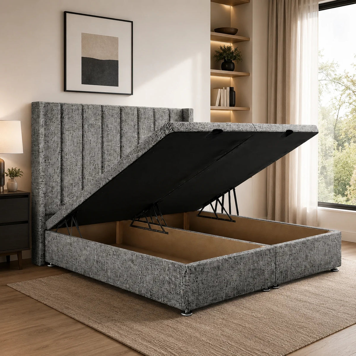 Divan Ottoman Bed | Wing Panel Line | Gaslift Storage | Charcoal | Choose Sizes, Colours & Fabrics