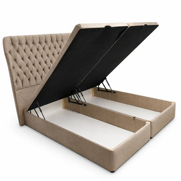 Divan Ottoman Bed | Chesterfield | Winged | Gaslift Storage | Beige | Choose Sizes, Colours & Fabrics