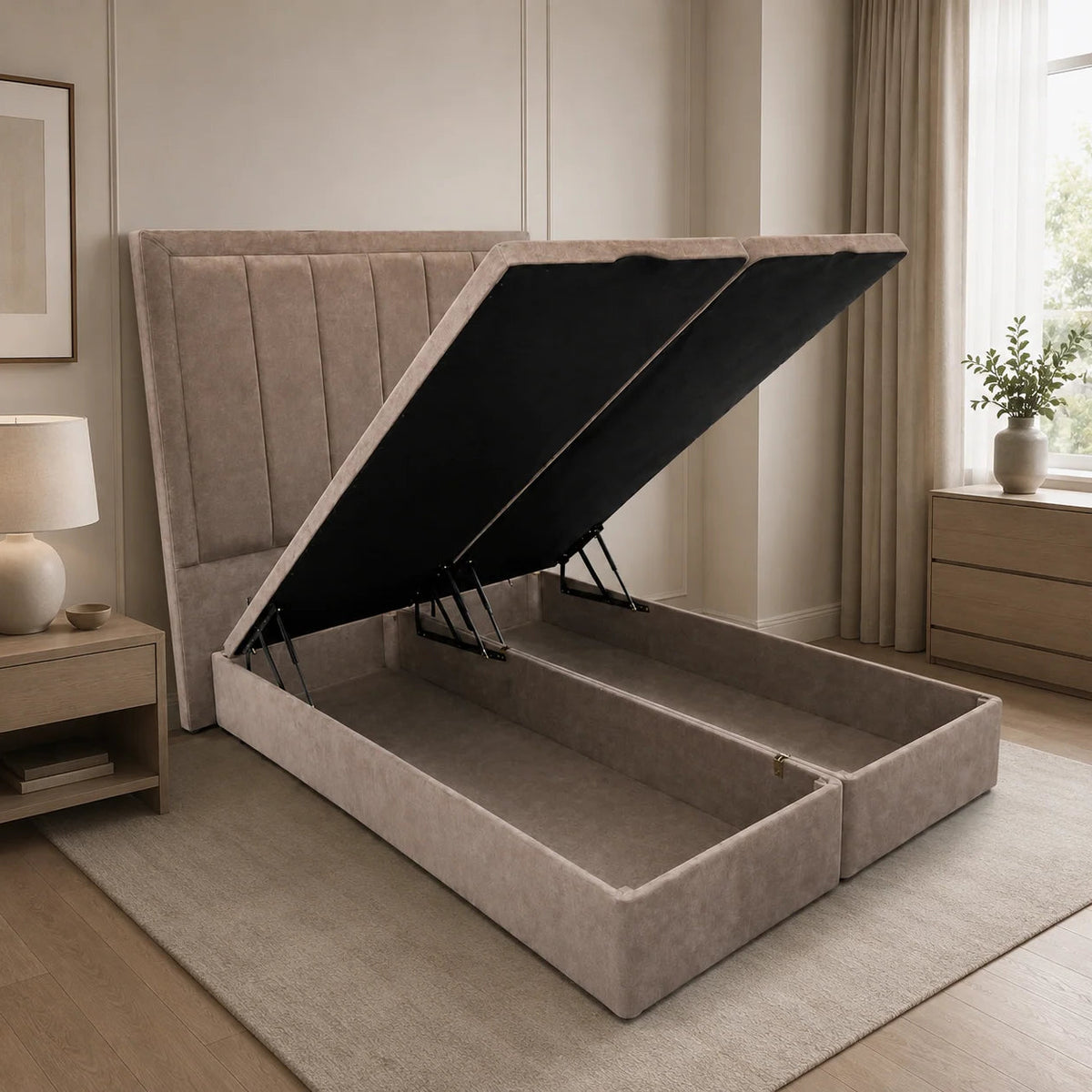Divan Ottoman Bed | Panel Line | Gaslift Storage | Beige | Choose Sizes, Colours & Fabrics