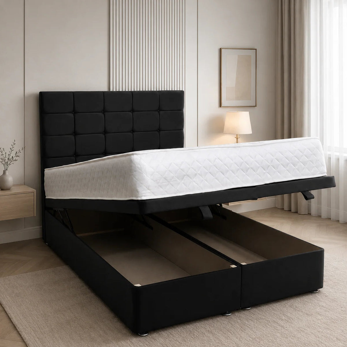 Divan Ottoman Bed | Cube | Gaslift Storage | Black | Choose Sizes, Colours & Fabrics