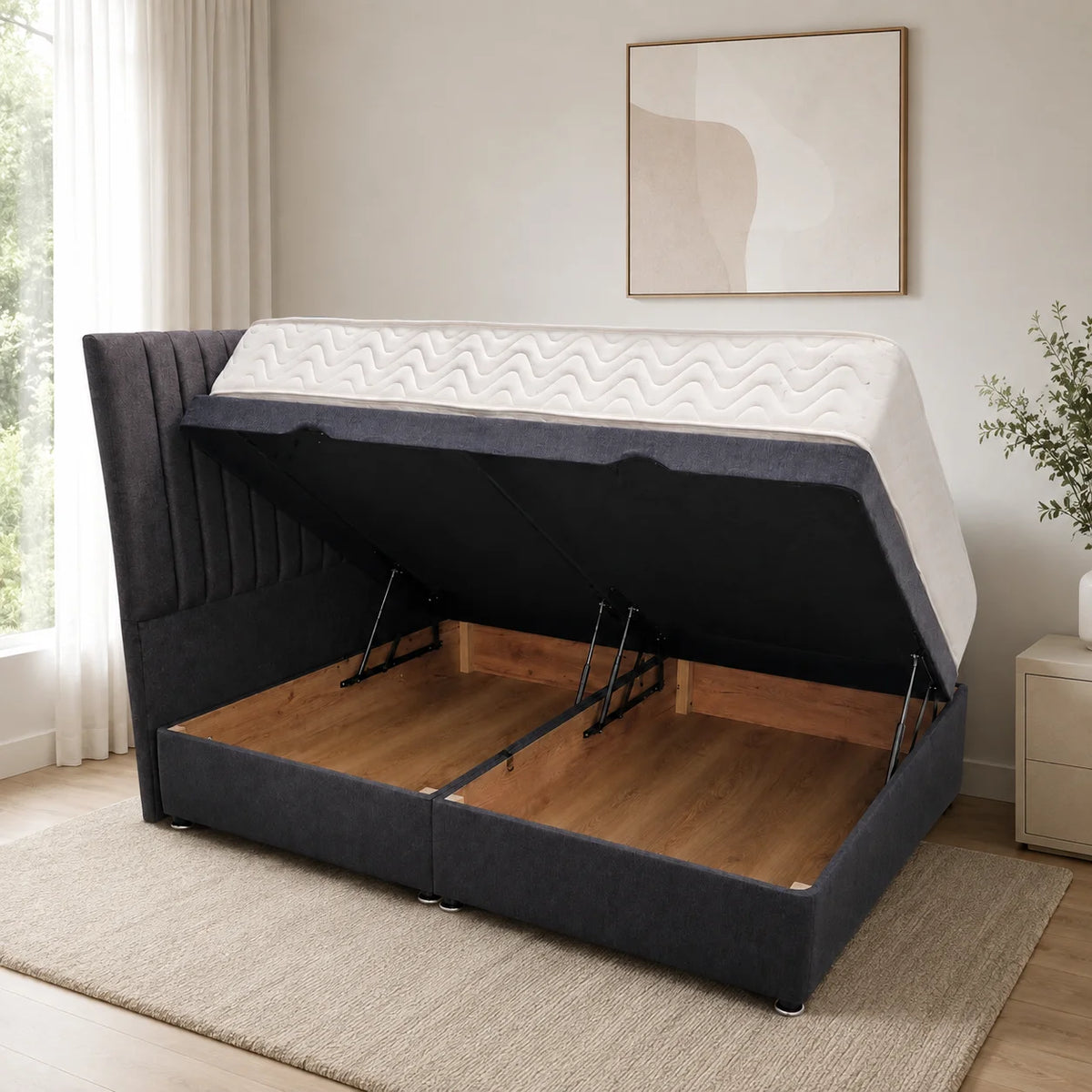 Divan Ottoman Bed | Wing Panel Line | Gaslift Storage | Charcoal | Choose Sizes, Colours & Fabrics
